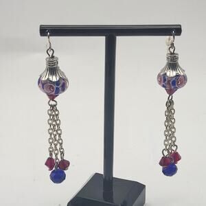 Lampwork Floral Glass Earrings Silver Tone Tassel Cobalt Burgundy Pink Dangles